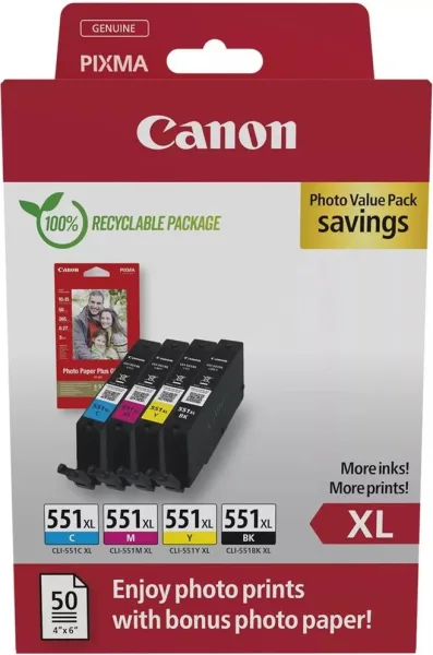 Multipack canon cli - 551xl b - c - m - y + 50 hojas papel fotografico