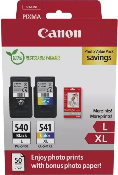 Cartucho de Tinta Original Canon PG-540L + CL-541 XL Multipack Alta Capacidad/ Negro/ Tricolor + Papel Fotográfico