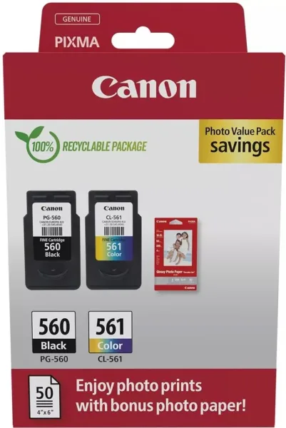 Cartucho de Tinta Original Canon PG-560 + CL-561 Multipack/ Negro/ Tricolor + Papel Fotográfico