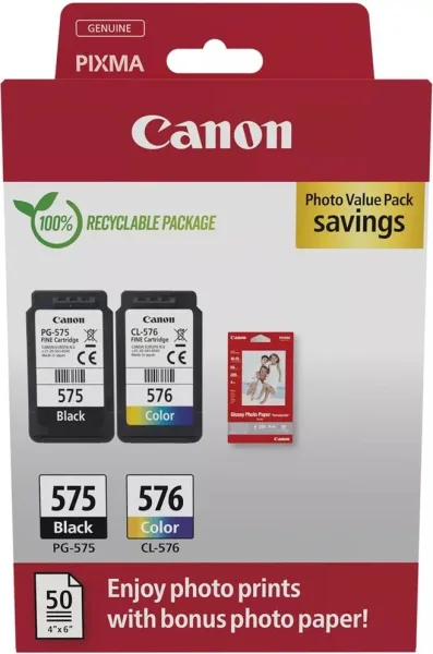 Cartucho de Tinta Original Canon PG-575 + CL-576 Multipack/ Negro/ Tricolor + Papel Fotográfico