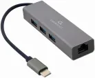 Adaptador de Red Gembird USB-C Gigabit con Concentrador USB 3.1 de 3 Puertos