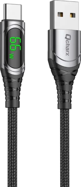 Cable qcharx menorca USB a tipo c 3a 66w - 1 m - aleación aluminio negro cable suave digital display
