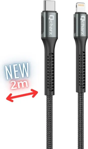 Cable qcharx prague USB tipo c a lightning - 2m - aleacion de aluminio negro cordon de tela suave