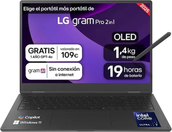 Portátil Convertible LG Gram Pro 16T90TP-K.AD88B Intel Core Ultra 7-255H/ 32GB/ 1TB SSD/ 16" Táctil/ Win11