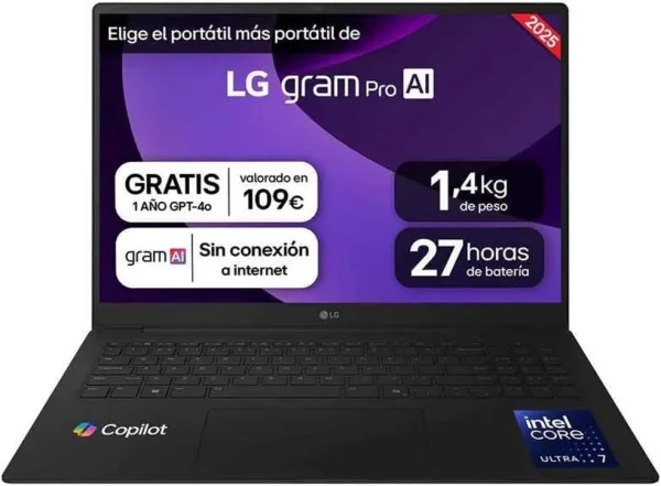 Portátil LG Gram Pro 16Z90TR-E.AD88B Intel Core Ultra 7-255H/ 32GB/ 1TB SSD/ GeForce RTX 5050/ 16"/ Win11