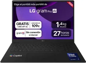 Lg Portátil 16" Wqxga IPS Intel Core Ultra 7 255H, 32GB Lpddr5X, SSD 1TB NVMe, Nvidia RTX 5050 8GB, Dci-P3 99%, Batería 90Wh, Windows 11 Home
