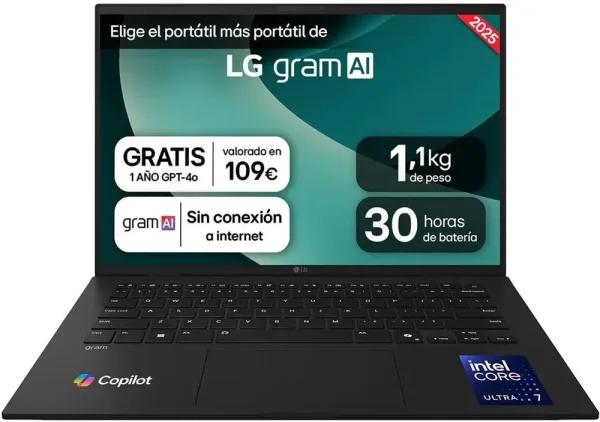 Portátil LG Gram 14ZD90T-G.AX88B Intel Core Ultra 7-255H/ 32GB/ 1TB SSD/ 14"/ Sin Sistema Operativo
