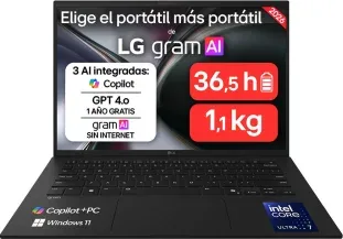 Lg Portátil 14" Gram 14Z90U, Windows 11 Home, Intel Core Ultra 7, 32 GB RAM, 512 GB SSD, Intel Graphics (4Xe), Pantalla IPS (1920X1200), Ligero, 1,120 G, 36.5 Horas, Ai, Negro