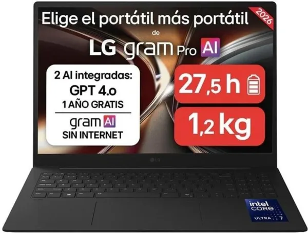 Portátil LG Gram Pro 16ZD90U-G.AX85BN Intel Core Ultra 7-355/ 32GB/ 512GB SSD/ 16"/ Sin Sistema Operativo