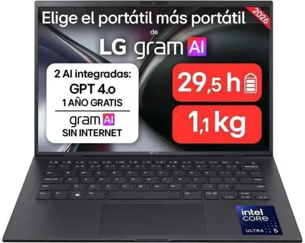 Portátil LG Gram 14ZB90S-G.AX55BN Intel Core Ultra 5-115U/ 16GB/ 512GB SSD/ 14"/ Sin Sistema Operativo
