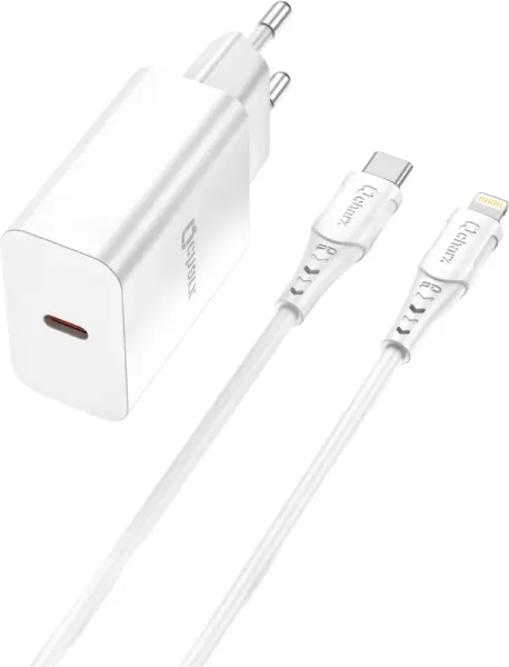 Kit cargador qcharx chronos 3a 20w + cable tipo c a lightning blanco