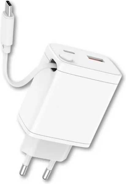 Cargador qcharx juno 3a 20w 2 puertos USB + tipo c + cable tipo c blanco incorporado